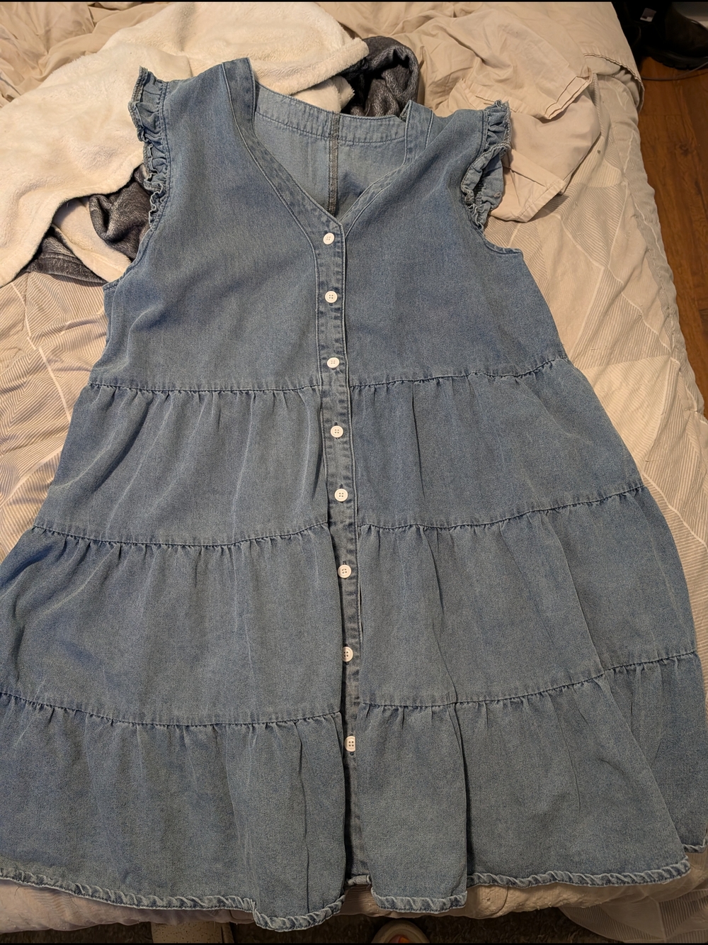 Denim Button-Front Tiered Dress - Light Blue